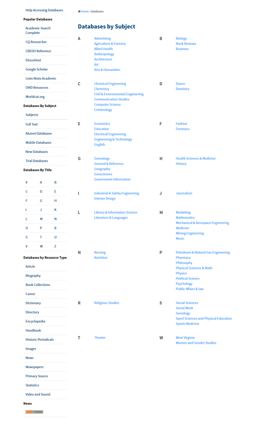 A screenshot of the WVU Libraries databases web application as it existed before 2015. This design wasn’t responsive, utilized a left-hand faceting system, and navigation/search elements were inherited into the web application.